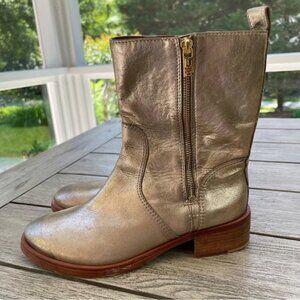 Tory Burch Halle Gold Metallic Leather Mid Calf Boots Womens